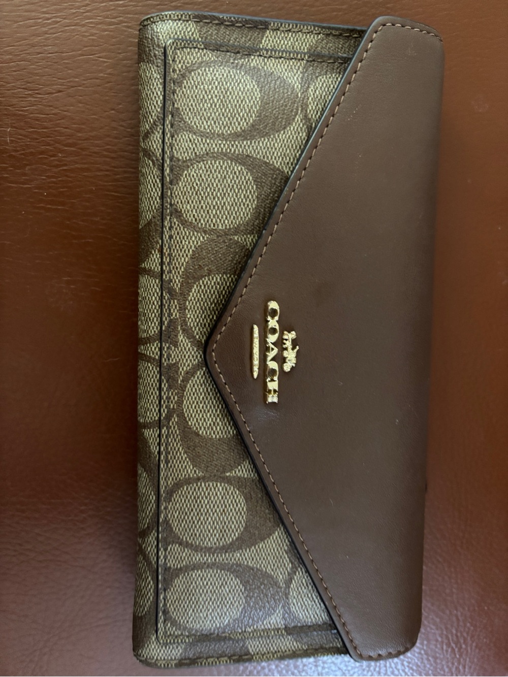 Coach Brown Signature Continental Wallet with Leather Flap